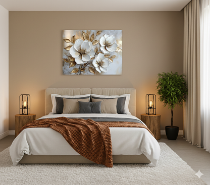 White Blossom Wall Art – Modern Floral Canvas with Elegant Gold Accents