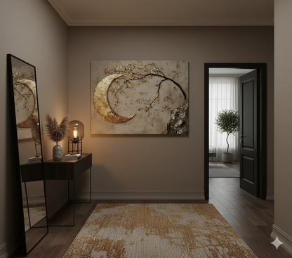 Enchanted Moonrise Wall Art – Crescent Moon and Blossoming Branch Canvas