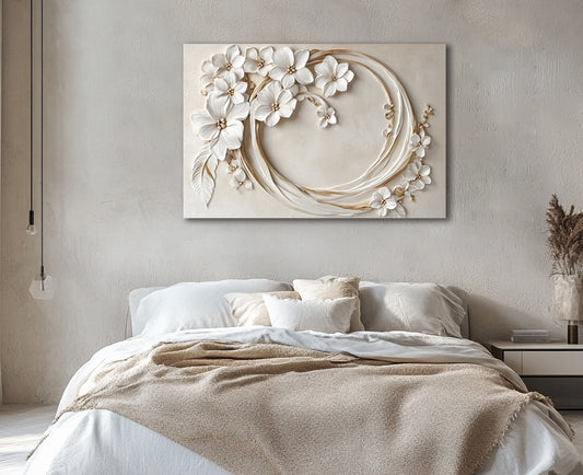 Golden Bloom Wreath – Elegant White Floral Canvas Wall Art
