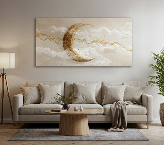 Golden Crescent Moon Among Clouds Wall Art – Elegant Sky Dream Canvas