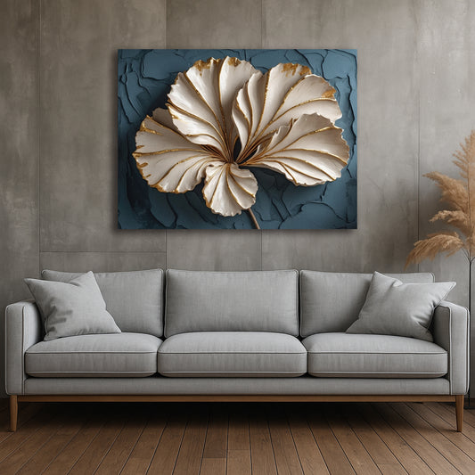 Golden Edge Bloom Canvas Print – Cream Floral Wall Art on Navy with Textured-Look (Flat Canvas)