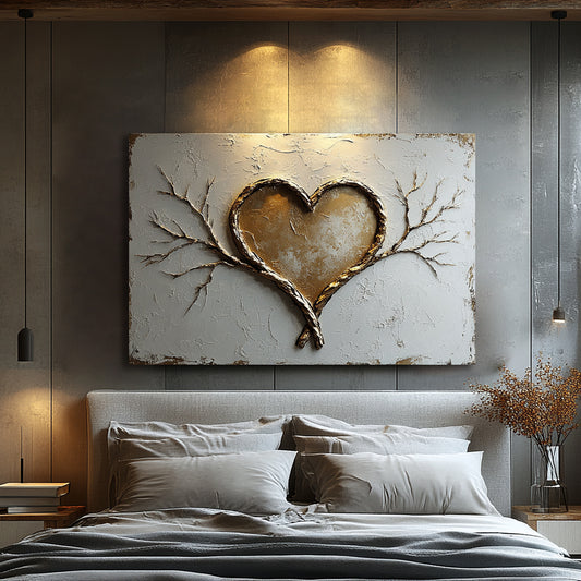 Golden Heart Branch Wall Art – Romantic Canvas for Cozy Modern Spaces