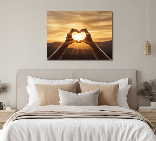 Golden Hour Heart Hands Wall Art – Romantic Sunset Canvas for Couples