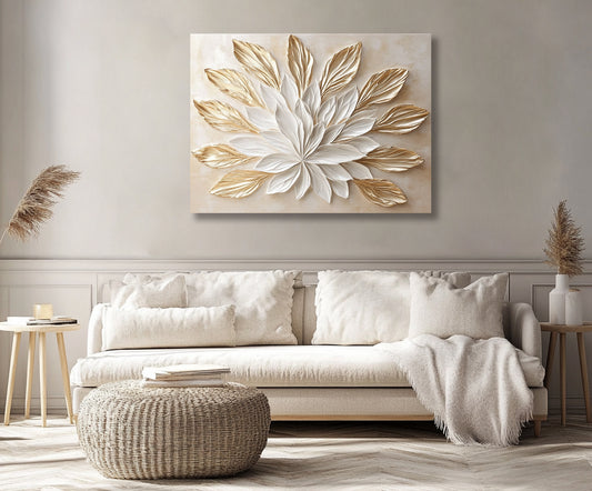 Golden Leaf Harmony – White and Gold Botanical Canvas Wall Art