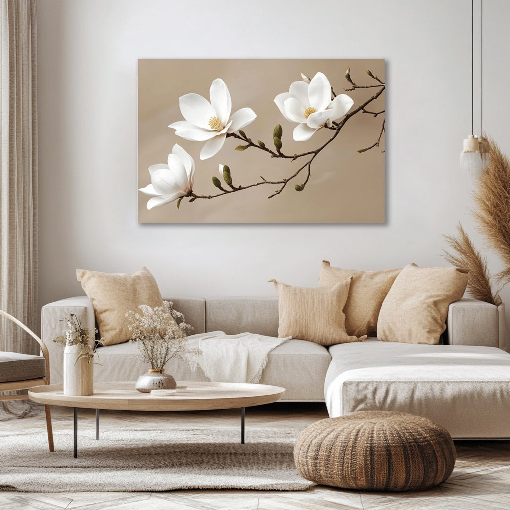 Golden Magnolia Branch – Soft Neutral Floral Canvas Wall Art