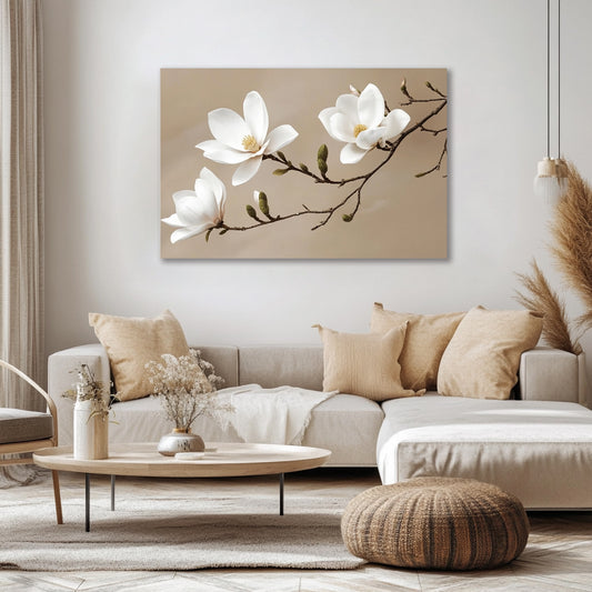Golden Magnolia Branch – Soft Neutral Floral Canvas Wall Art