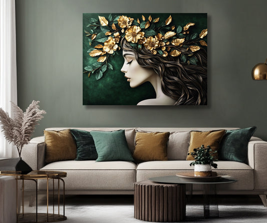 Golden Muse – Feminine Floral Wall Art on Deep Emerald Canvas