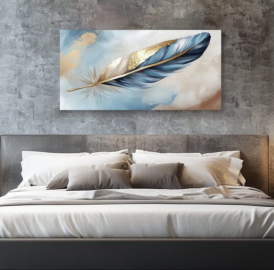 Golden Sky Feather – Elegant Blue & Gold Canvas Wall Art