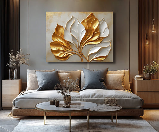 Golden White Leaf Flow Wall Art Canvas