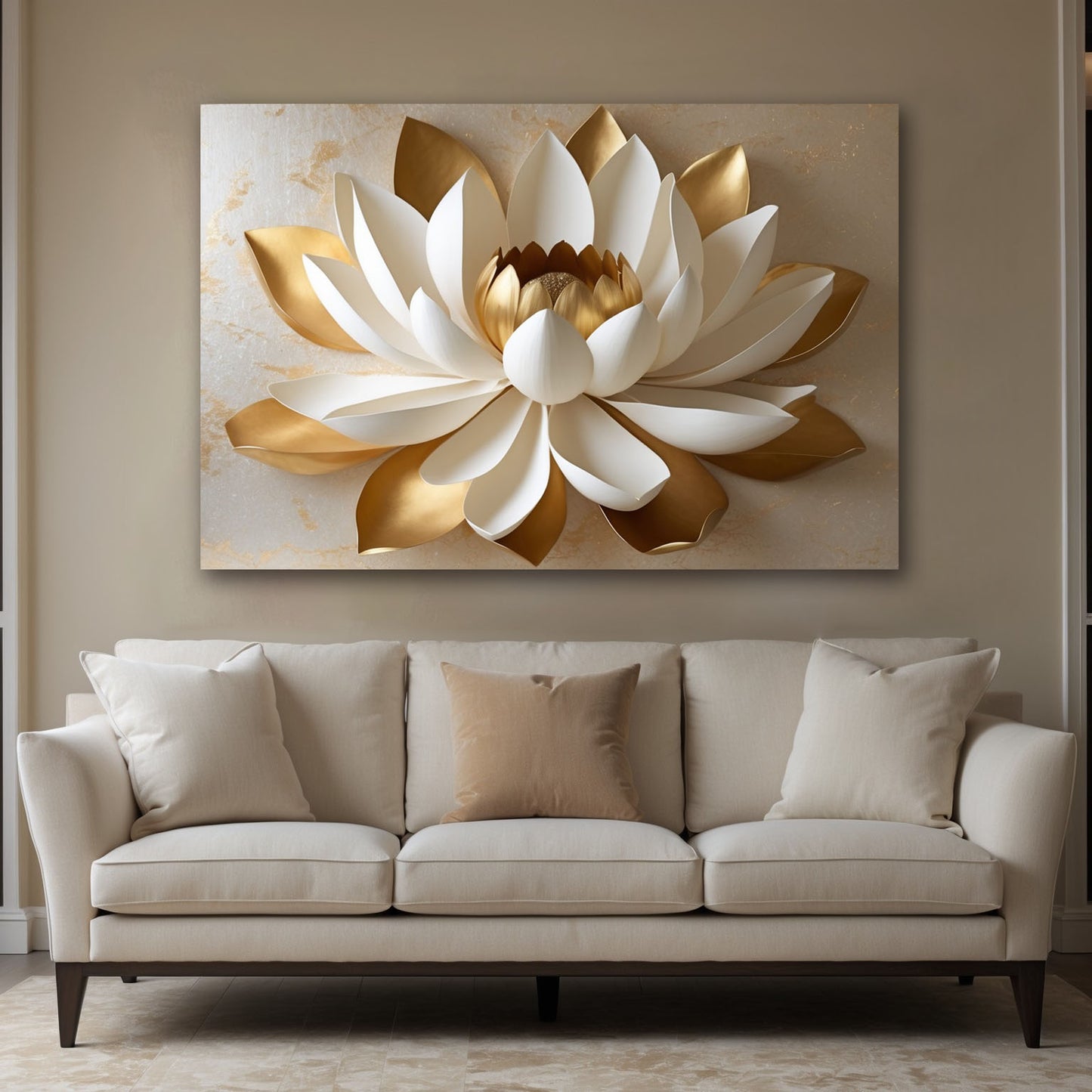 Golden White Lotus Wall Art – Flat Printed Canvas with Elegant Floral Design