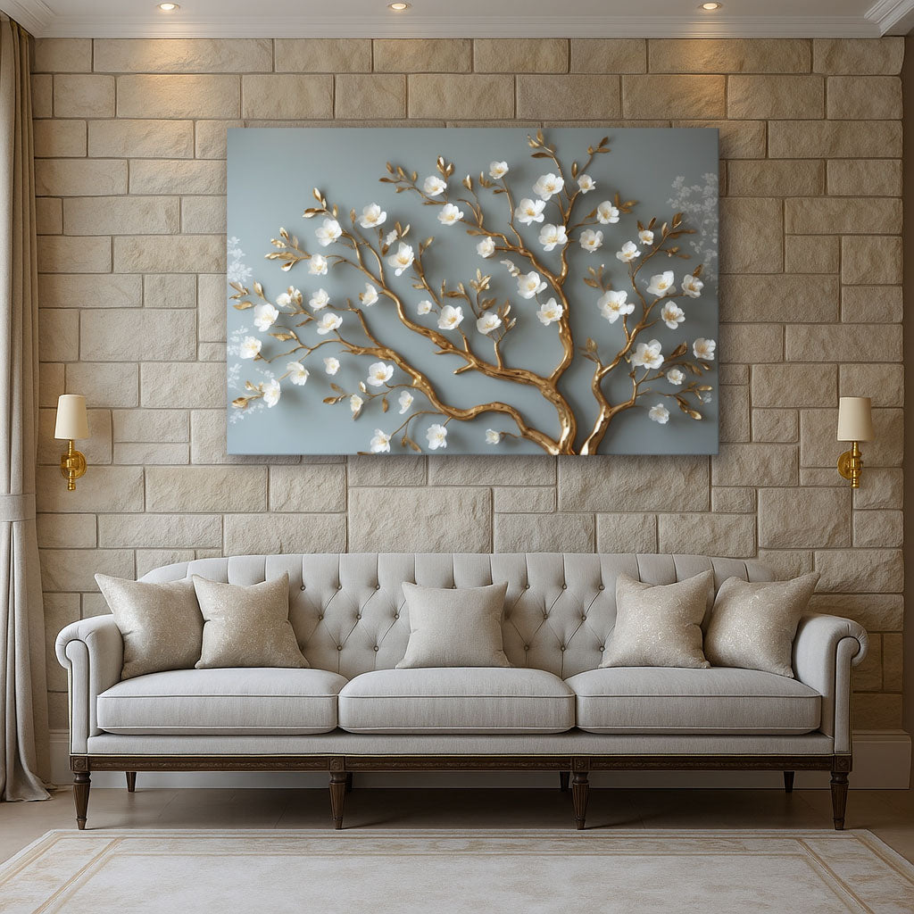 Golden Blossom Branch Wall Art – Elegant Floral Canvas for Living Room Décor