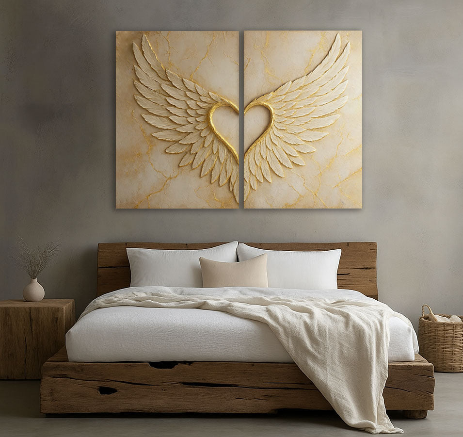 Golden Heart Wings Wall Art Set – 2 Panel Angel Wings Canvas Print