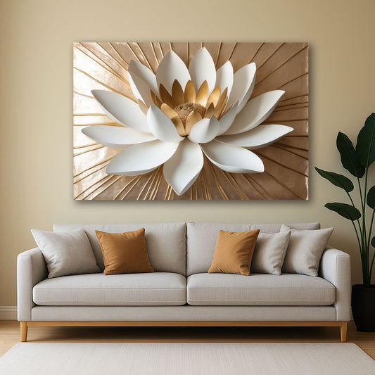 Golden Radiance Lotus Wall Art – Flat Printed Canvas for Modern Interior Décor