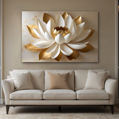 Golden White Lotus Wall Art – Flat Printed Canvas with Elegant Floral Design