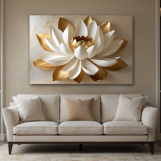 Golden White Lotus Wall Art – Flat Printed Canvas with Elegant Floral Design
