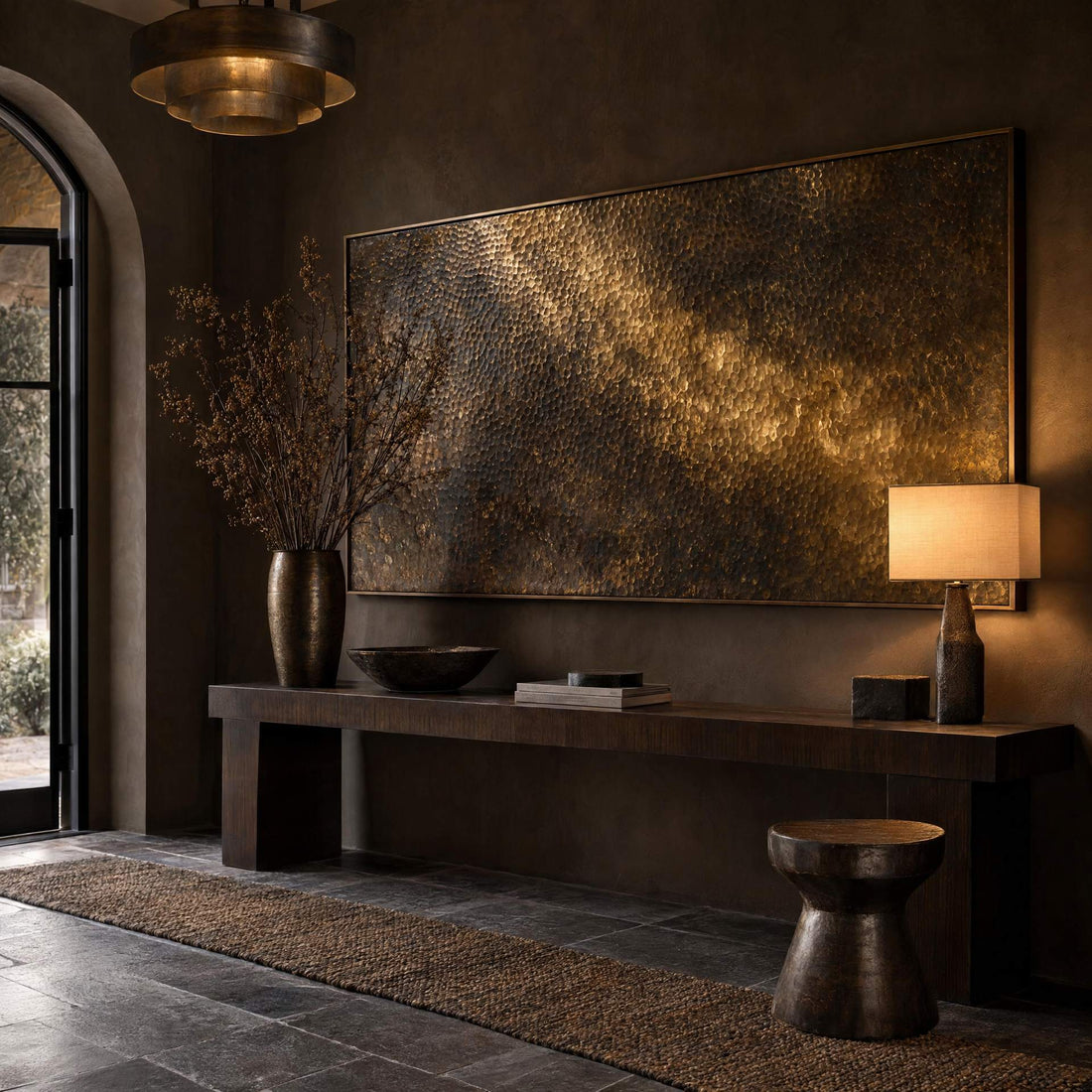 Hammered brass relief canvas above a console in an entryway