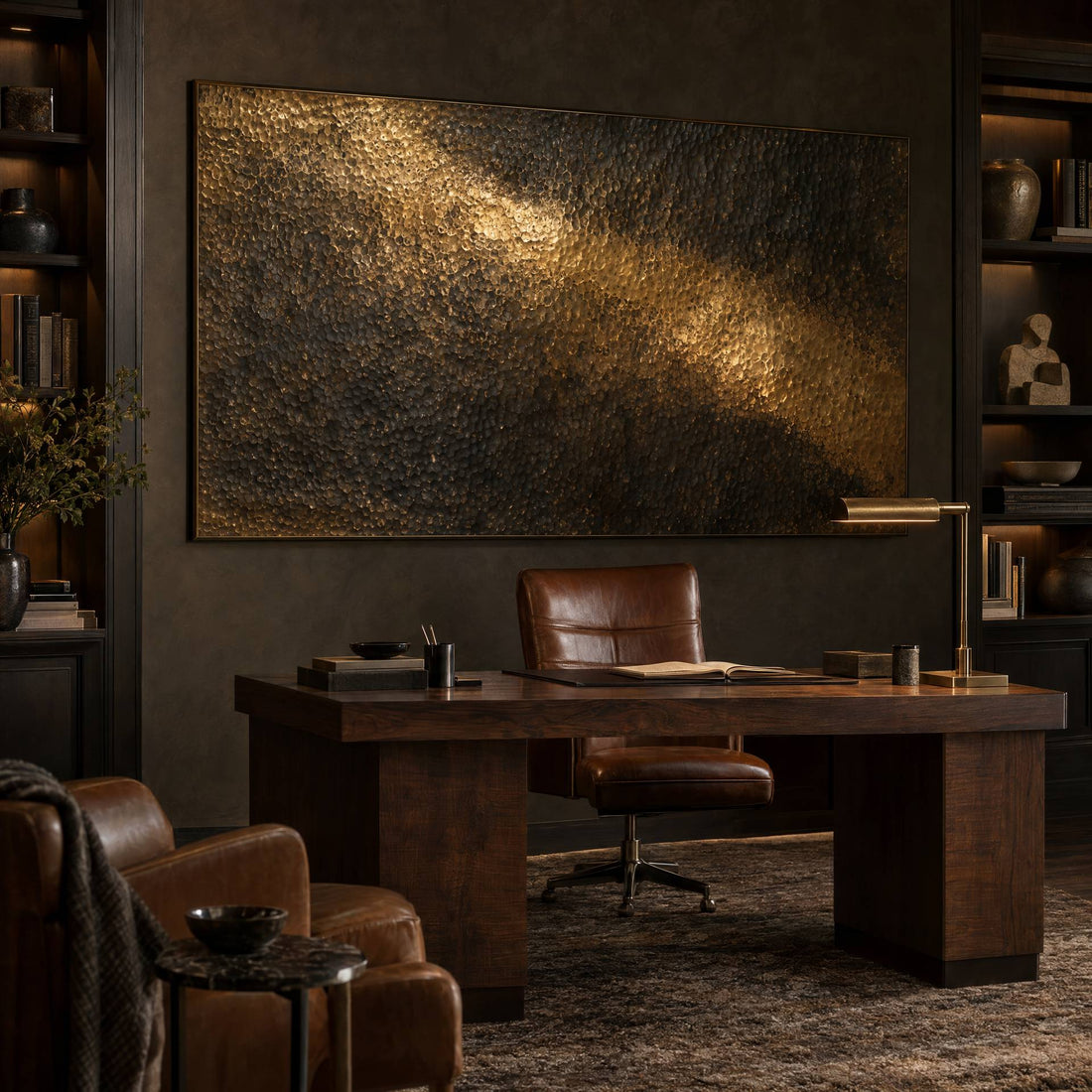 Hammered brass relief canvas on a study wall