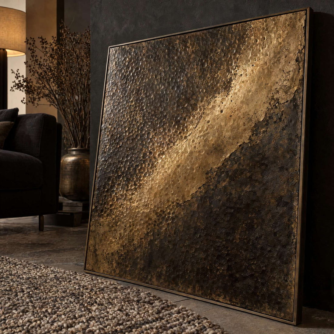Close-up of the hammered brass surface and gold highlights