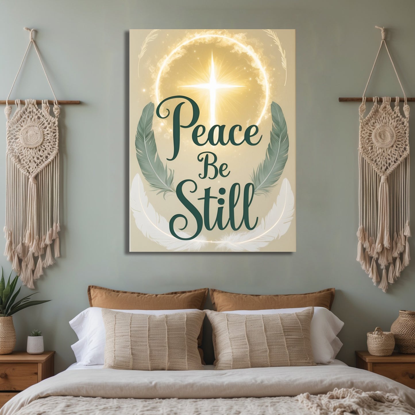 Heavenly Peace Be Still Canvas Wall Art – Cross and Feather Design