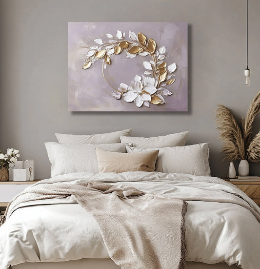 Lilac Gold Botanical Wreath Wall Art – Elegant Canvas for Cozy & Modern Spaces