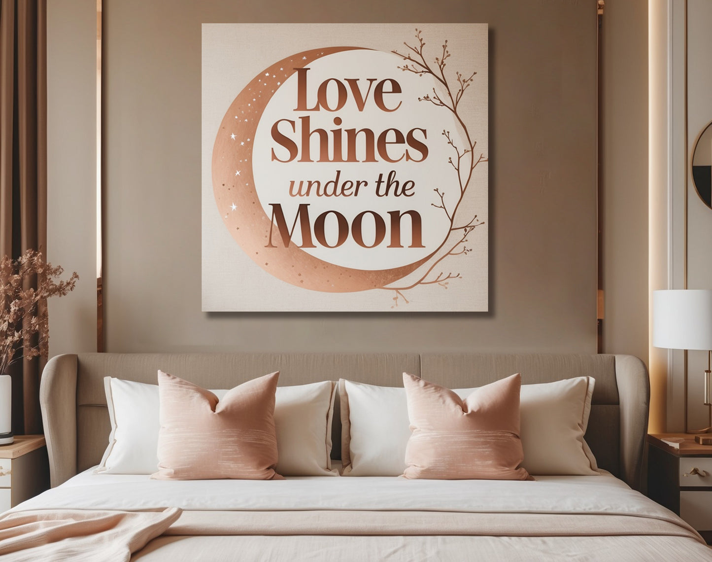 Love Shines Under the Moon – Crescent Moon Bedroom Canvas Wall Art