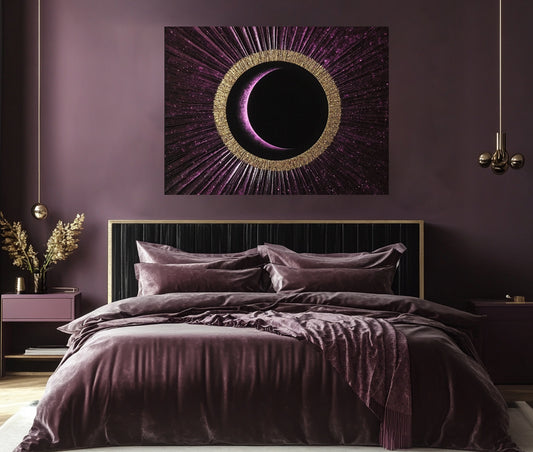 Lunar Majesty – Purple and Gold Crescent Moon Canvas Wall Art