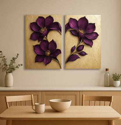 Luxury Purple Floral Wall Art Set – 2 Panel Botanical Canvas Print on Gold Background