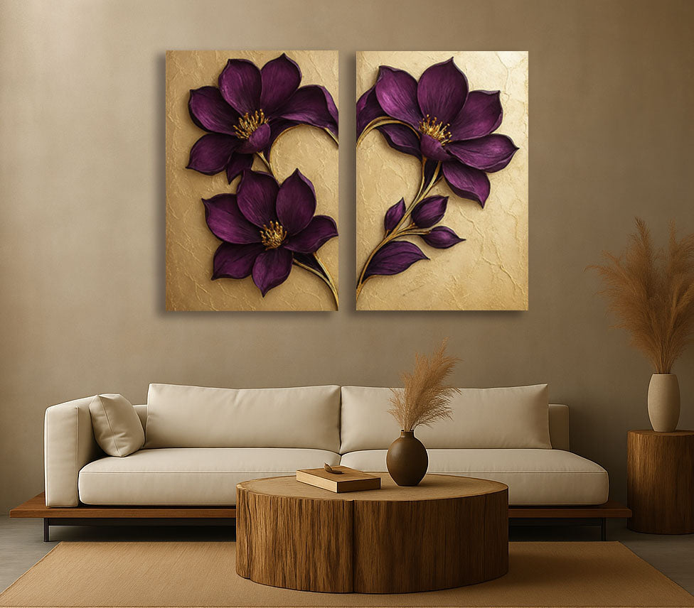 Luxury Purple Floral Wall Art Set – 2 Panel Botanical Canvas Print on Gold Background