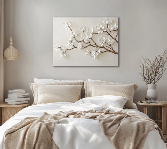 Magnolia Branch Wall Art – Elegant Floral Canvas for Neutral Bedroom Decor