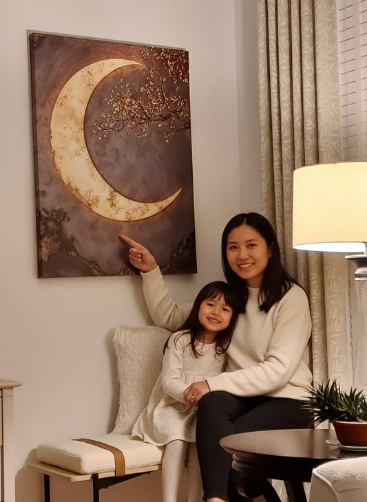 Luxury Crescent Moon Canvas Wall Decor – Illuminated Gold and Grey Artwork