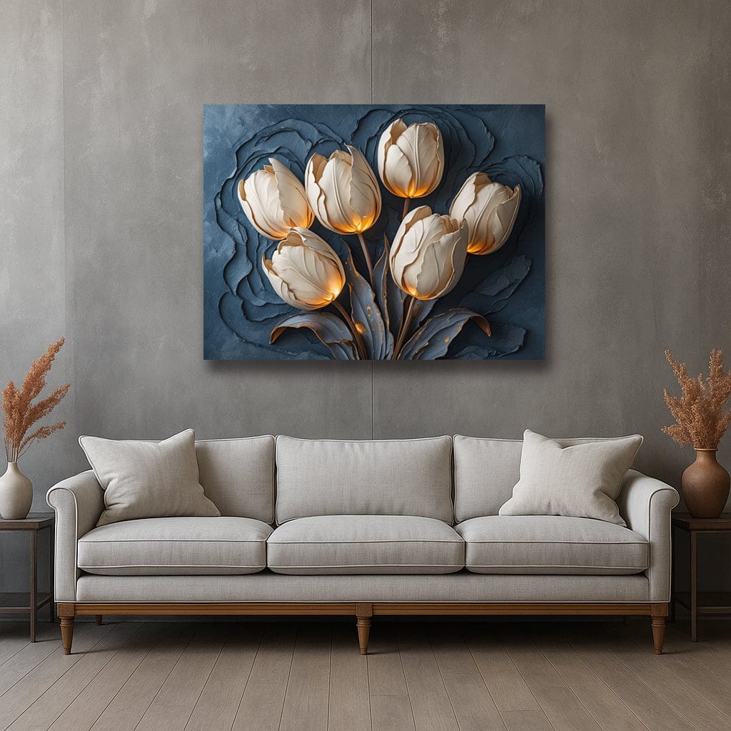 Midnight Tulips Canvas Print Elegant Cream Floral Wall Art on Blue