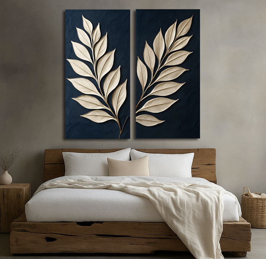 Modern Botanical Wall Art – Minimalist Leaf Design on Navy Blue Background | Elegant 2-Panel Canvas Print