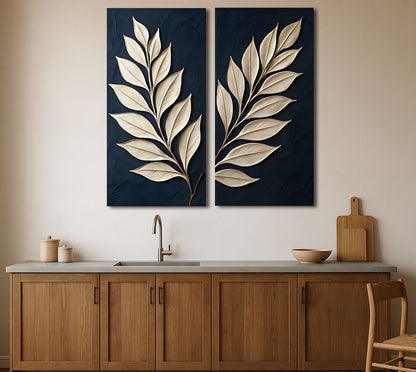 Modern Botanical Wall Art – Minimalist Leaf Design on Navy Blue Background | Elegant 2-Panel Canvas Print