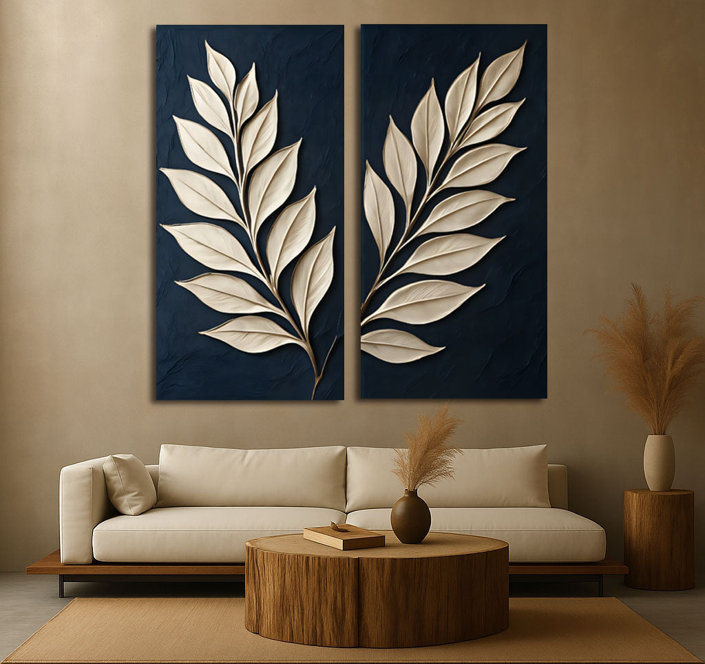 Modern Botanical Wall Art – Minimalist Leaf Design on Navy Blue Background | Elegant 2-Panel Canvas Print