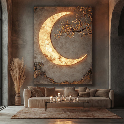 Luxury Crescent Moon Canvas Wall Decor – Illuminated Gold and Grey Artwork