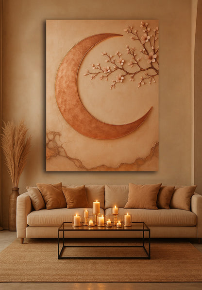 Luxury Crescent Moon Canvas Wall Decor – Illuminated Gold and Grey Artwork