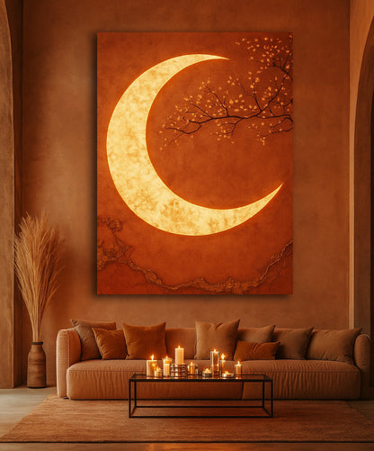Luxury Crescent Moon Canvas Wall Decor – Illuminated Gold and Grey Artwork