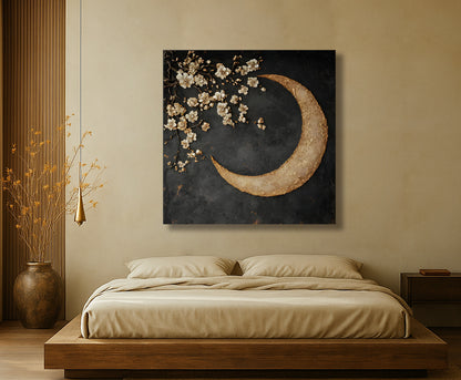 Crescent Moon Wall Art – Elegant Floral Canvas for Bedroom and Living Room Decor