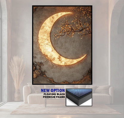 Luxury Crescent Moon Canvas Wall Decor – Illuminated Gold and Grey Artwork