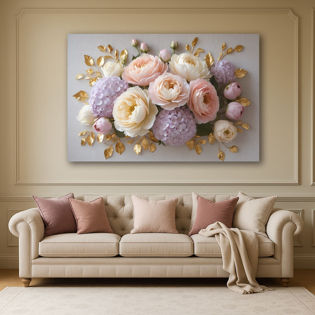 Pastel Garden Floral Wall Art – Flat Canvas Print with Roses, Hydrangeas & Gold Leaves
