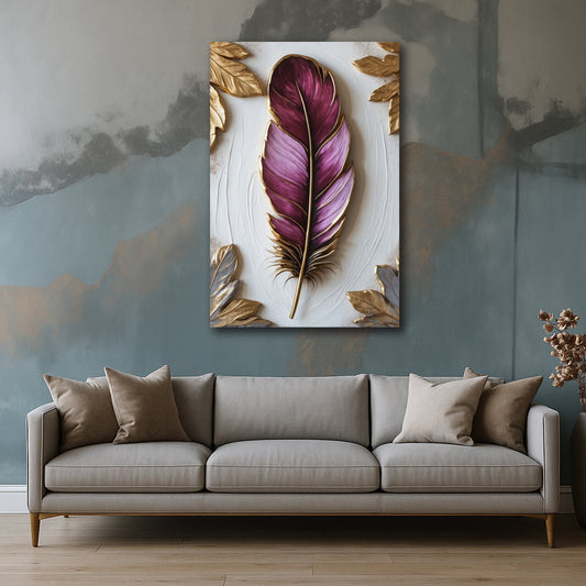 Plum & Gold Feather Canvas Print – Elegant Boho Wall Art with Textured-Look (Flat Canvas)