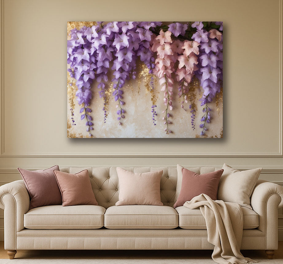 Purple & Blush Wisteria Wall Art – Flat Floral Canvas Print with Gold Accents