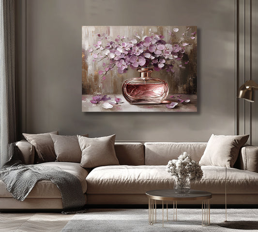 Rose Glass Perfume & Orchid Bloom Wall Art – Soft Violet Floral Elegance