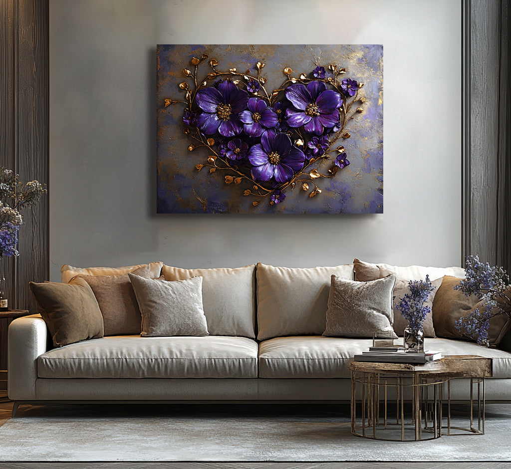 Royal Amour – Purple & Gold Floral Heart Wall Art Canvas