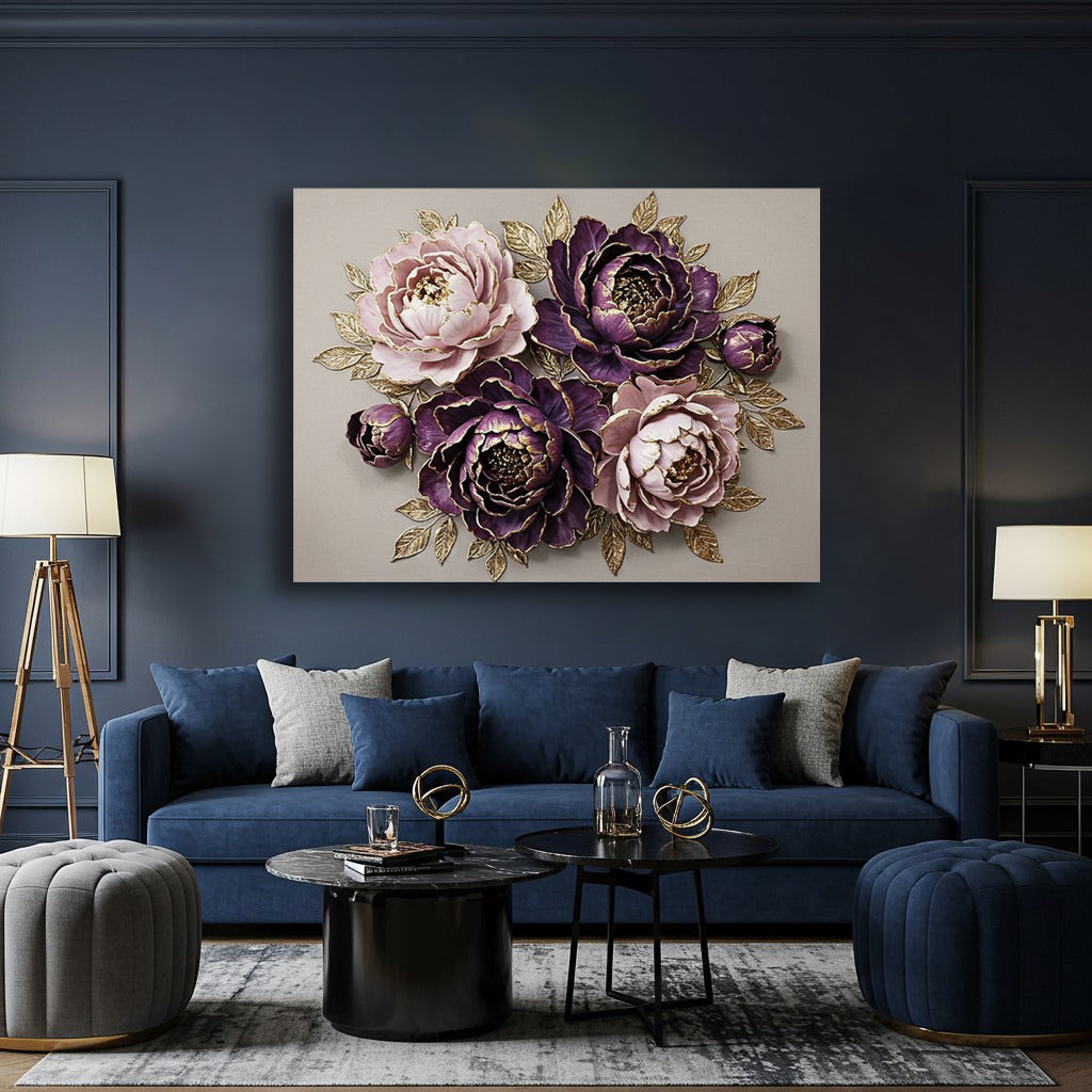 Royal Bloom Elegance Wall Art – Luxurious Peony Canvas in Deep Purple & Gold