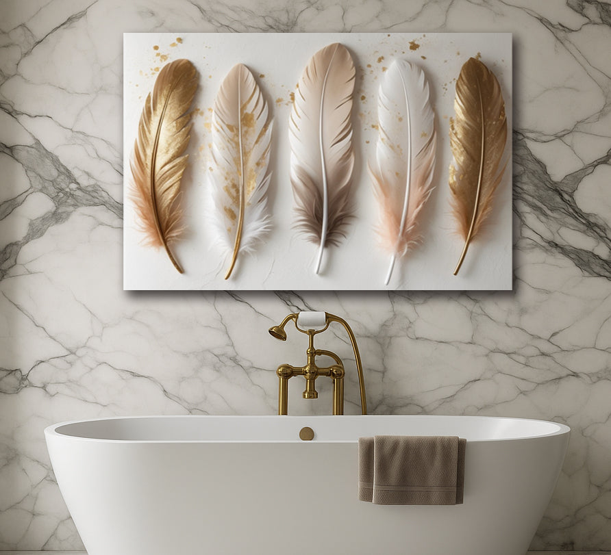 Soft Gold Harmony – Feather Canvas Wall Print (Flat Design)