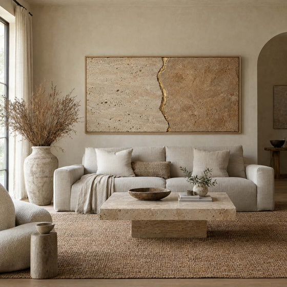Travertine Wall Art – Oversized Cream and Gold Kintsugi Seam Textured Look Canvas for Living Room