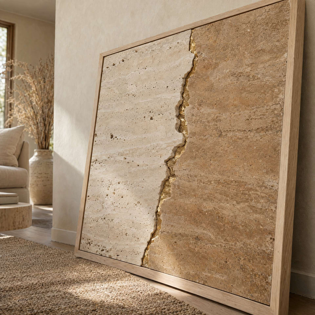 Close-up of the travertine surface and the gold seam