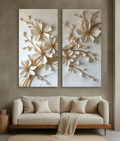 Timeless Bloom – White & Gold Floral Canvas Wall Art for Bedroom & Living Room