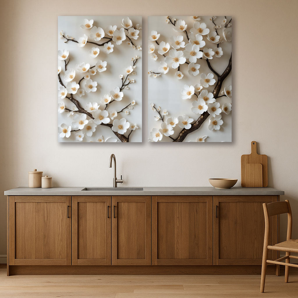 Timeless Cherry Blossom Wall Art – Elegant White Floral Canvas Print (Set of 2 Panels)